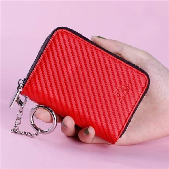 Zipper Card Cases Holder for Women, Carbon Fiber Red - Picture 4 of 7